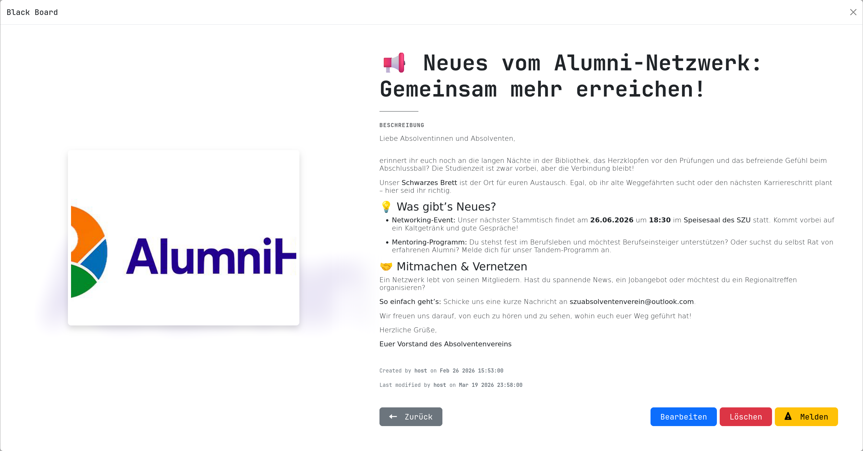 Detailansicht eines Eintrags auf dem Schwarzen Brett