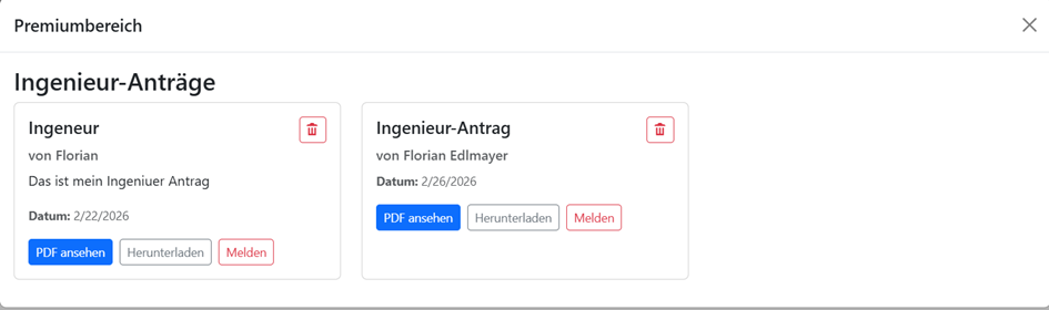 Ansicht der genehmigten Ingenieur-Anträge