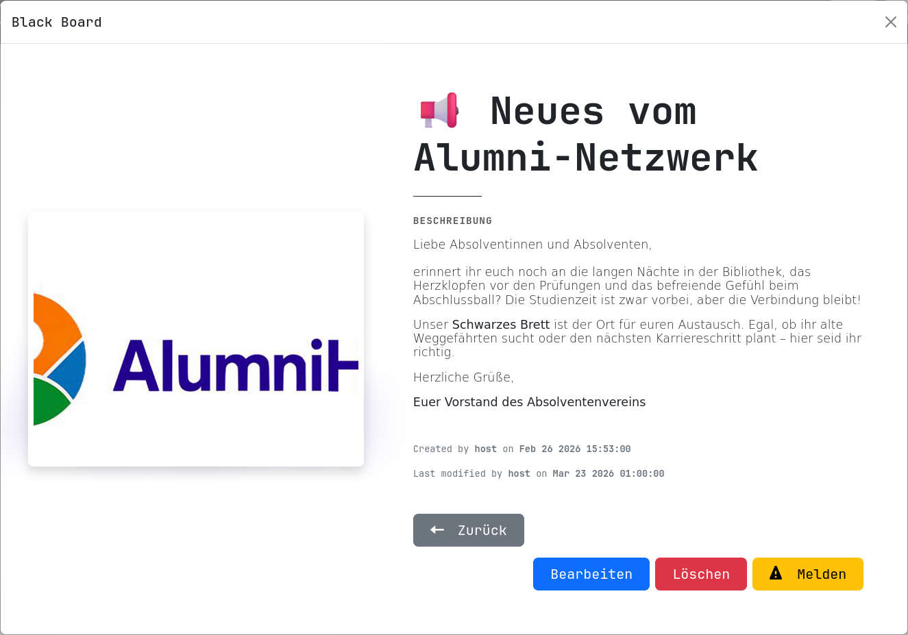 Detailansicht eines Eintrags auf dem Schwarzen Brett