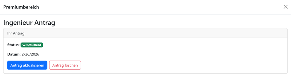 Formular zum Einreichen eines Ingenieur-Antrags. Die klare und minimalistische Gestaltung der Benutzeroberfläche führt den Benutzer intuitiv durch den Einreichungsprozess und stellt nach Abschluss den aktuellen Bearbeitungsstatus des Antrags übersichtlich dar.